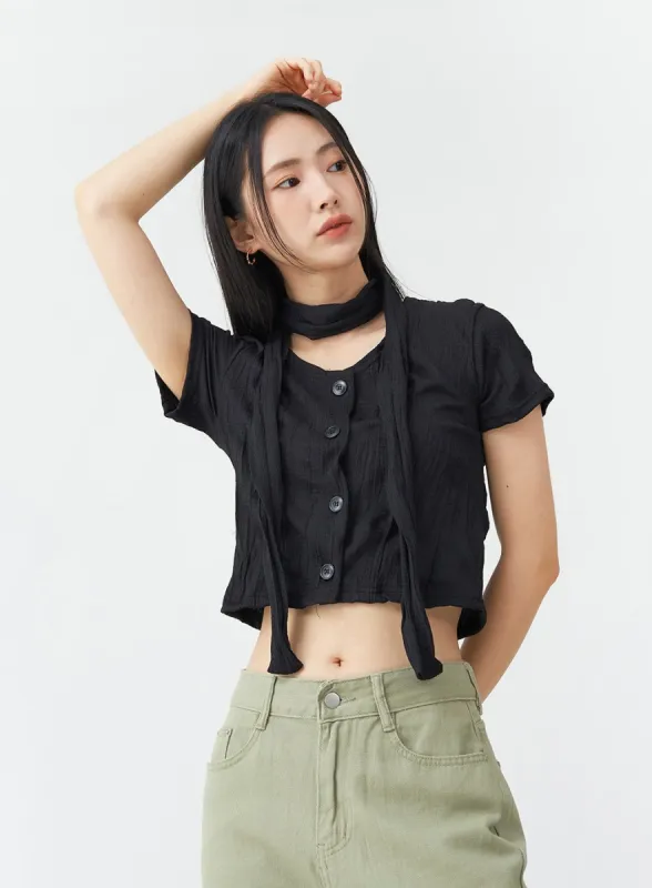 U-Neck Wrinkle Blouse with Scarf OG05 sold by Lewkin