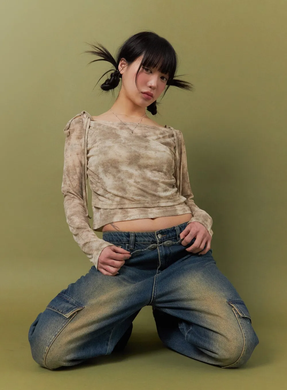 Tie Dye Drawstring Shoulder Long Sleeve Top IJ411 sold by Lewkin