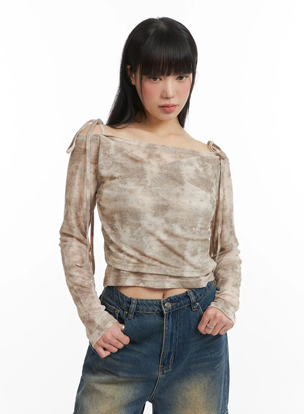 Tie Dye Drawstring Shoulder Long Sleeve Top IJ411 sold by Lewkin product image thumbnail 3