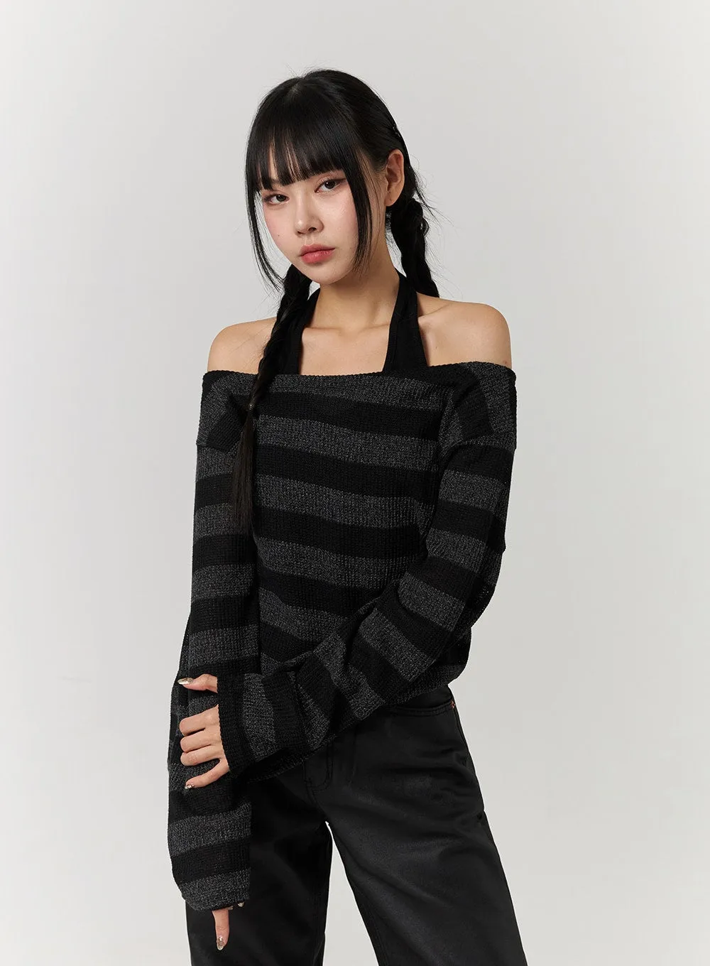 Off-Shoulder Stripe Long Sleeve Top CJ405 sold by Lewkin product image thumbnail 4