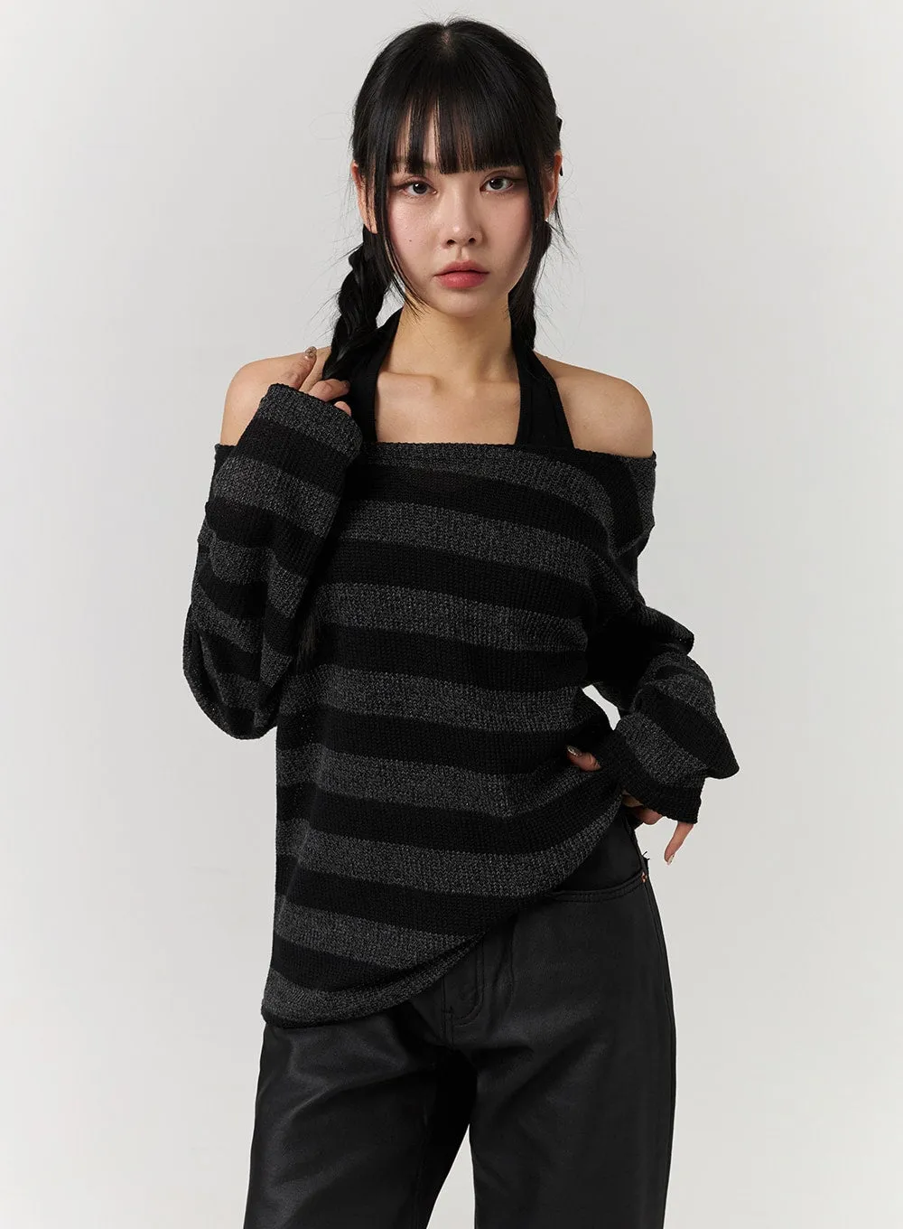 Off-Shoulder Stripe Long Sleeve Top CJ405 sold by Lewkin