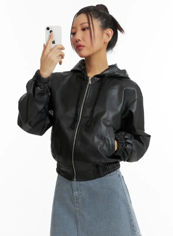 Faux Leather Hooded Bomber Jacket CJ429 sold by Lewkin