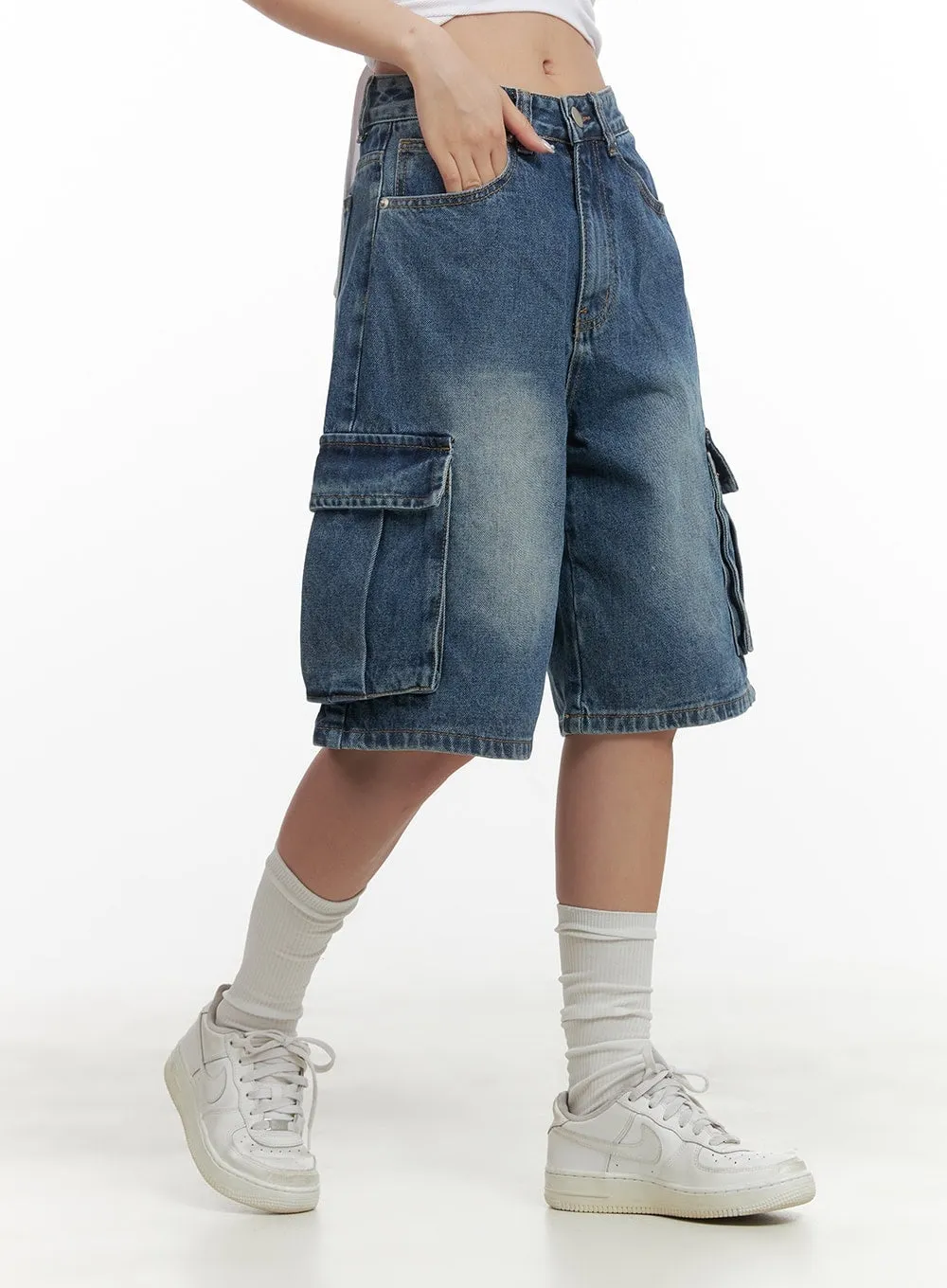 【KOOLOSET】Salt Washed Bermuda Cargo Denim Washed Denim Cargo Jorts CY420 | Parallel