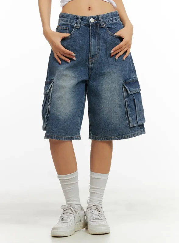 Washed Denim Cargo Jorts CY420 sold by Lewkin