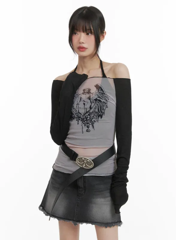 Sheer Graphic Off-Shoulder Top CA419 sold by Lewkin