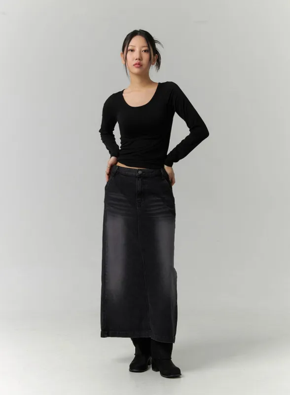 Washed Denim Maxi Skirt CN324 sold by Lewkin