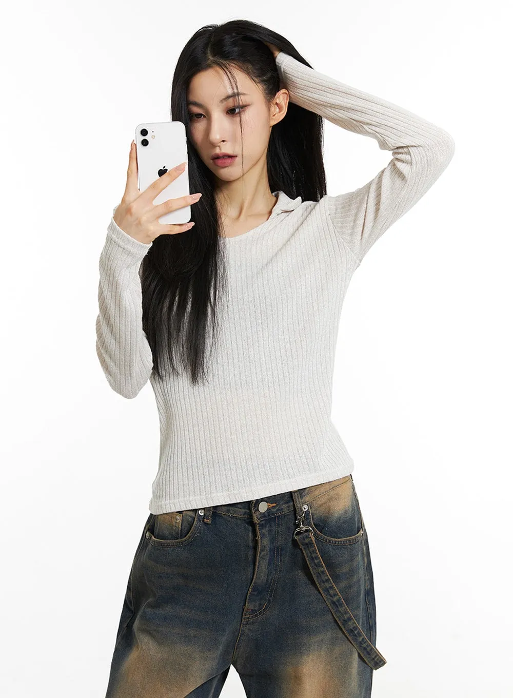 Long Sleeve Collar Sweater IN308 sold by Lewkin