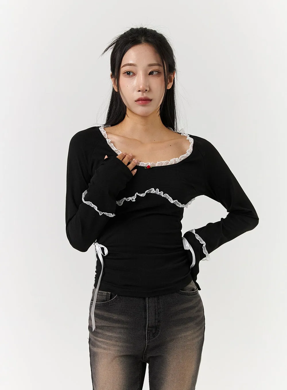 Lace Shirred Round Neck Ribbon Charm Long Sleeve Tee CD322 sold by Lewkin product image thumbnail 5