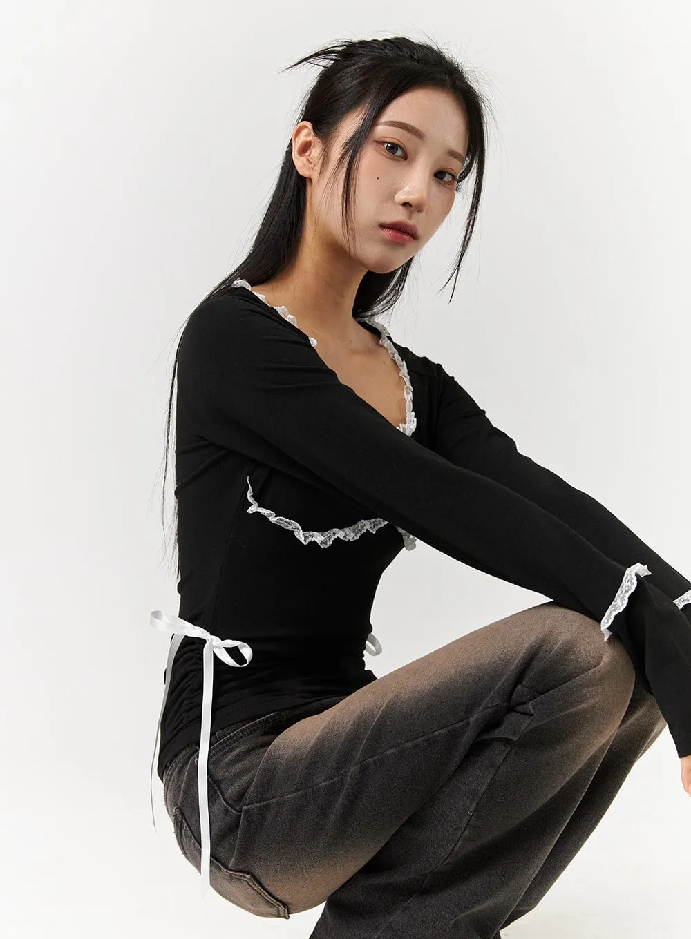 Lace Shirred Round Neck Ribbon Charm Long Sleeve Tee CD322 sold by Lewkin