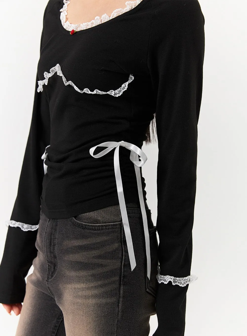 Lace Shirred Round Neck Ribbon Charm Long Sleeve Tee CD322 sold by Lewkin product image thumbnail 2