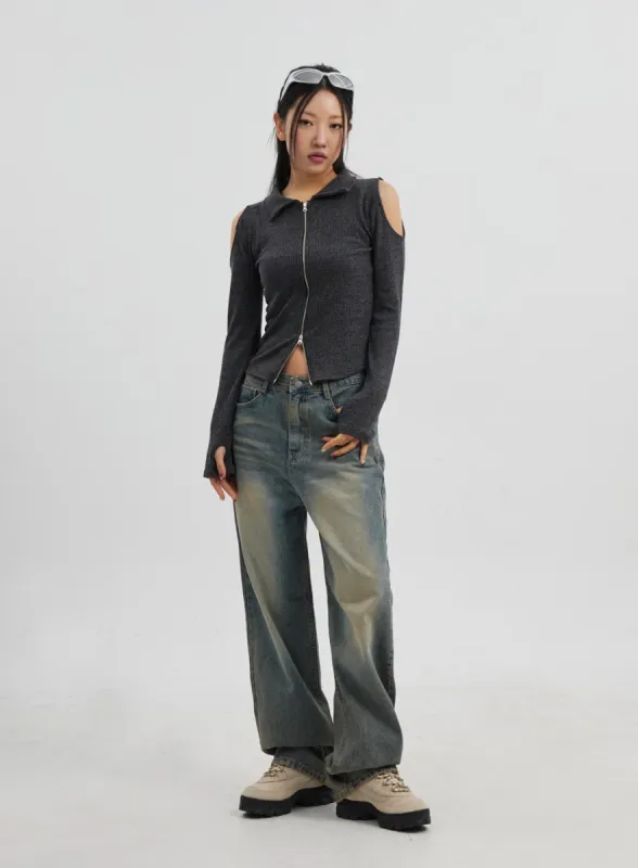 Vintage Wash Wide Leg Jeans CJ319 sold by Lewkin