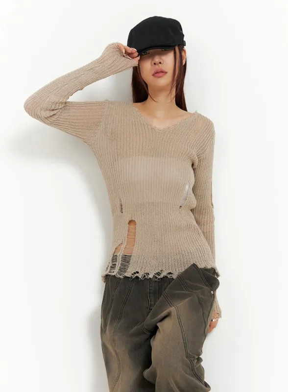 Sheer Distressed V-Neck Sweater IY410 sold by Lewkin