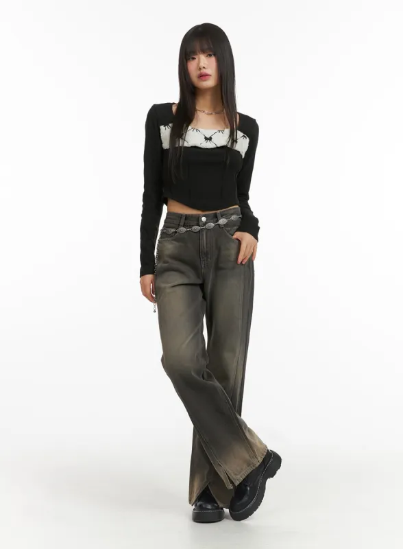 Denim Mid-Waist Solid Flared Jeans CJ415 sold by Lewkin