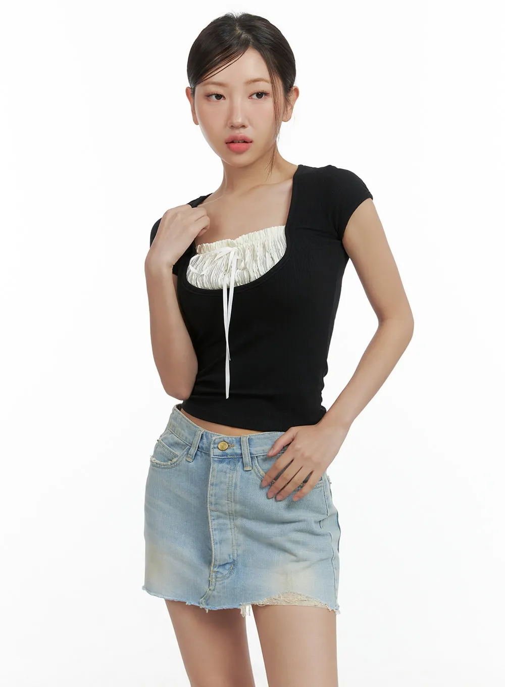 Ribbon Shirred Crop Top CL417 sold by Lewkin