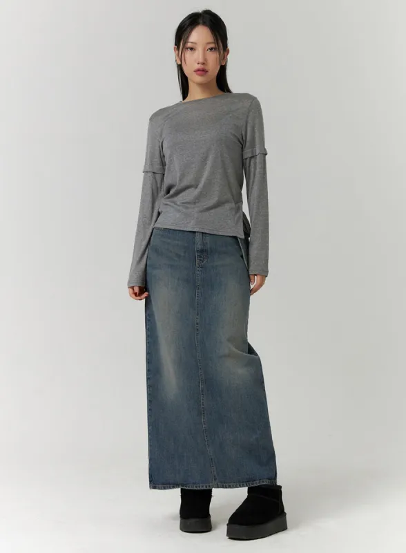 Solid Denim Maxi Skirt CD315 sold by Lewkin