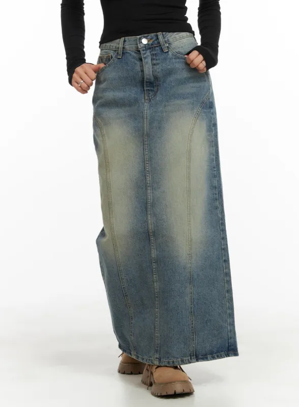 Vintage Washed Denim Maxi Skirt CA403 sold by Lewkin