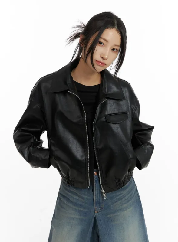 Zip-Up Faux Leather Bomber Jacket CF429 sold by Lewkin