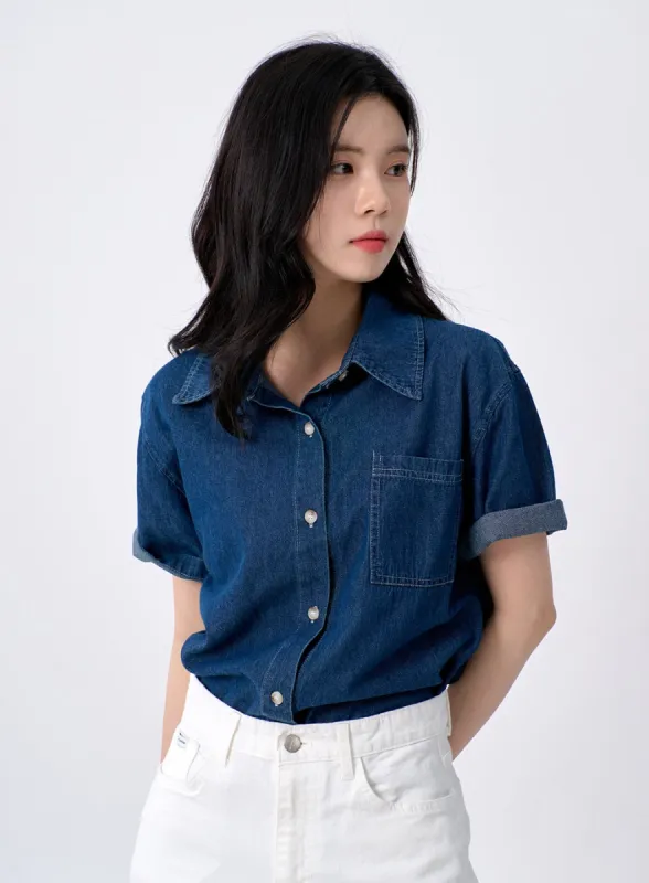 Short Sleeve Denim Shirt OM331 sold by Lewkin