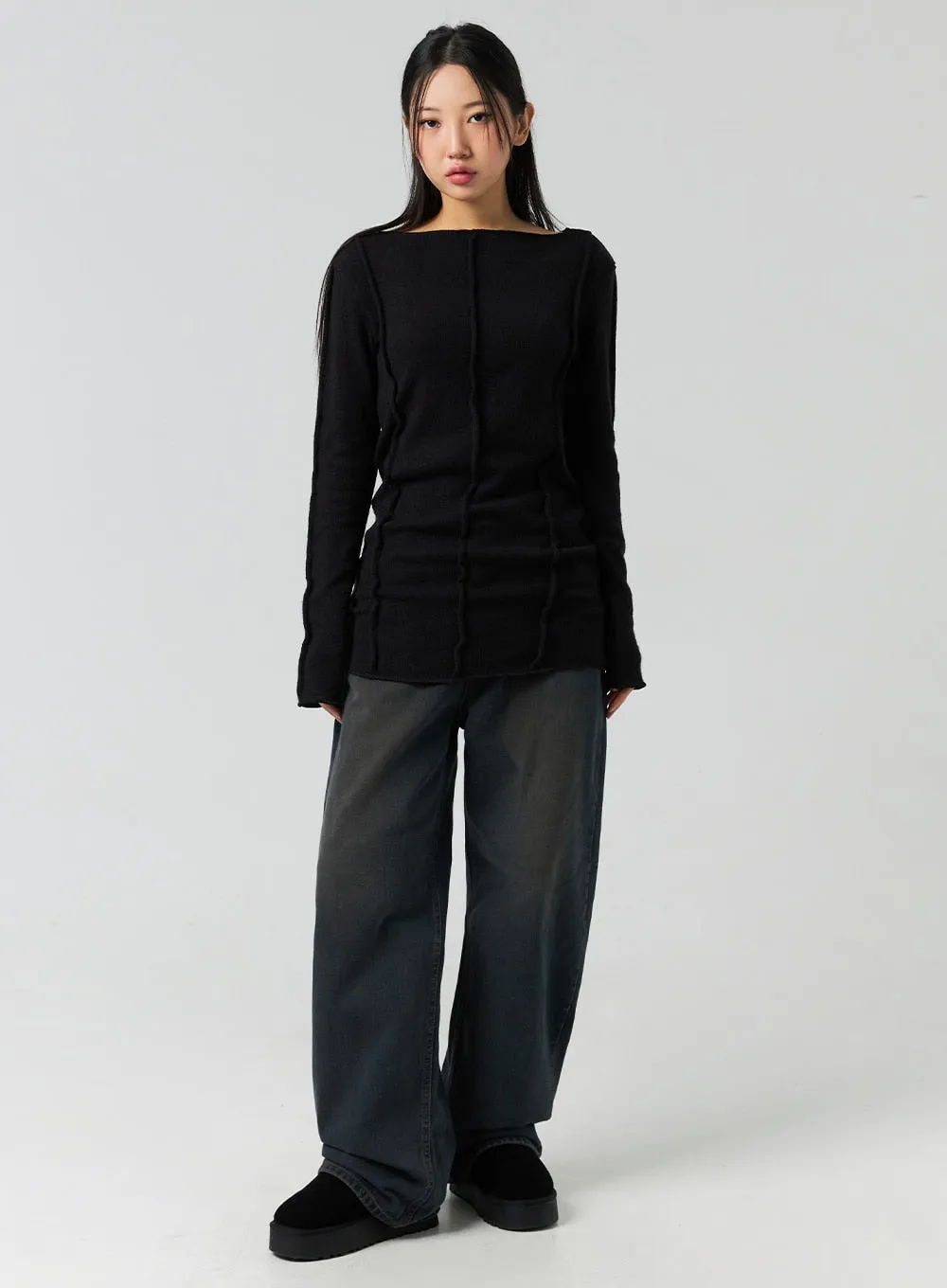 Back-Buckle Washed Wide Jeans CO323 sold by Lewkin