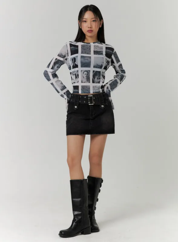 Denim Mid-Waist Belted Mini Skirt CD315 sold by Lewkin