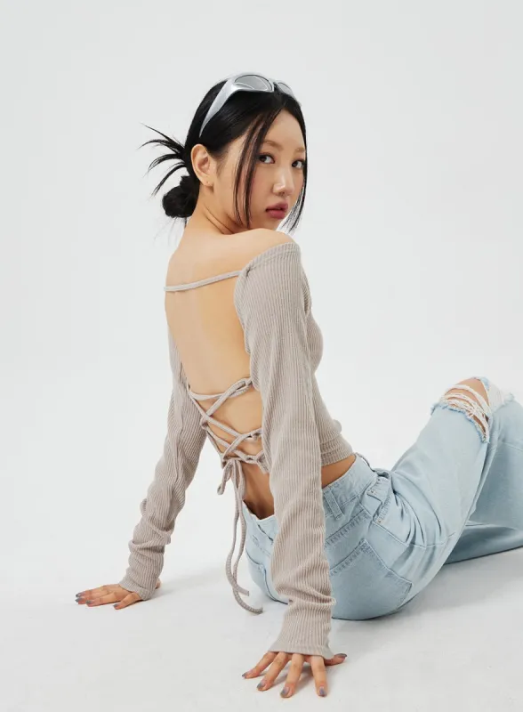 Back Tie Ribbed Knit Top CF316 sold by Lewkin
