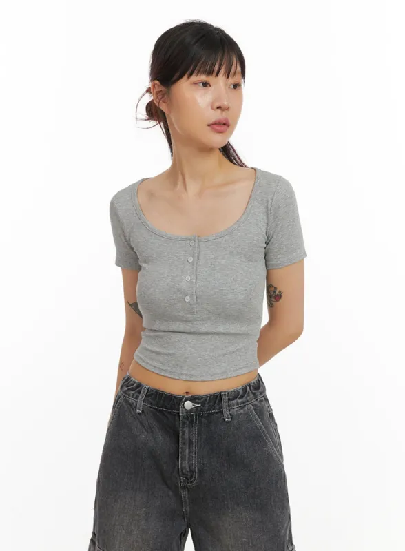 Slim Fit Buttoned U-Neck Crop Top IY410 sold by Lewkin