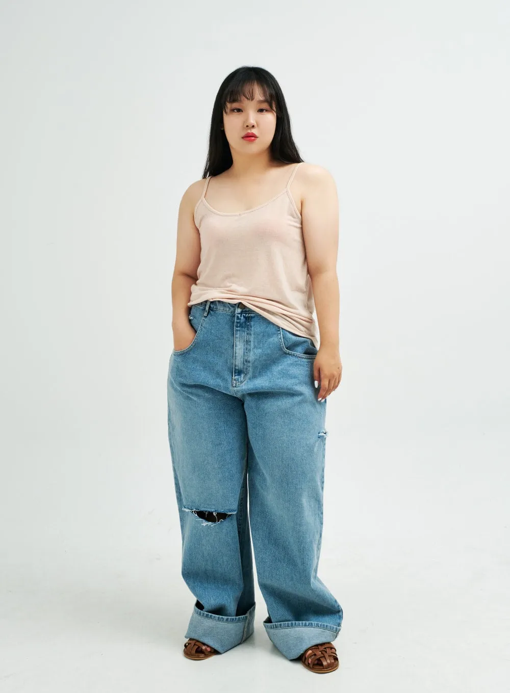 Plus Distressed Wide Leg Denim Pants IY24 sold by Lewkin