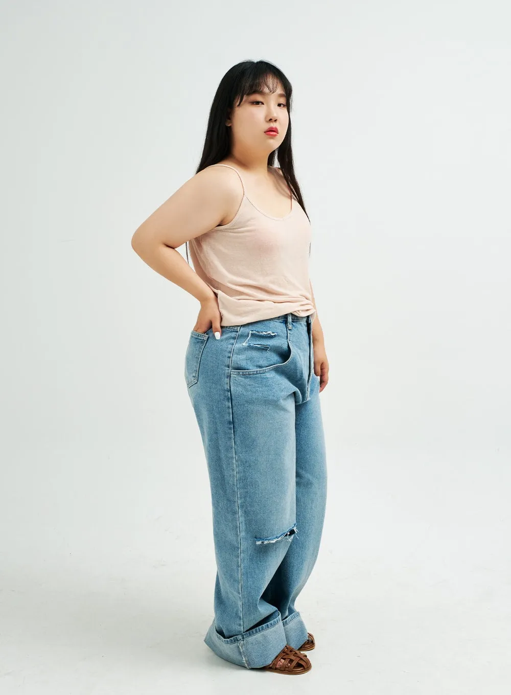 Plus Distressed Wide Leg Denim Pants IY24 sold by Lewkin product image thumbnail 5