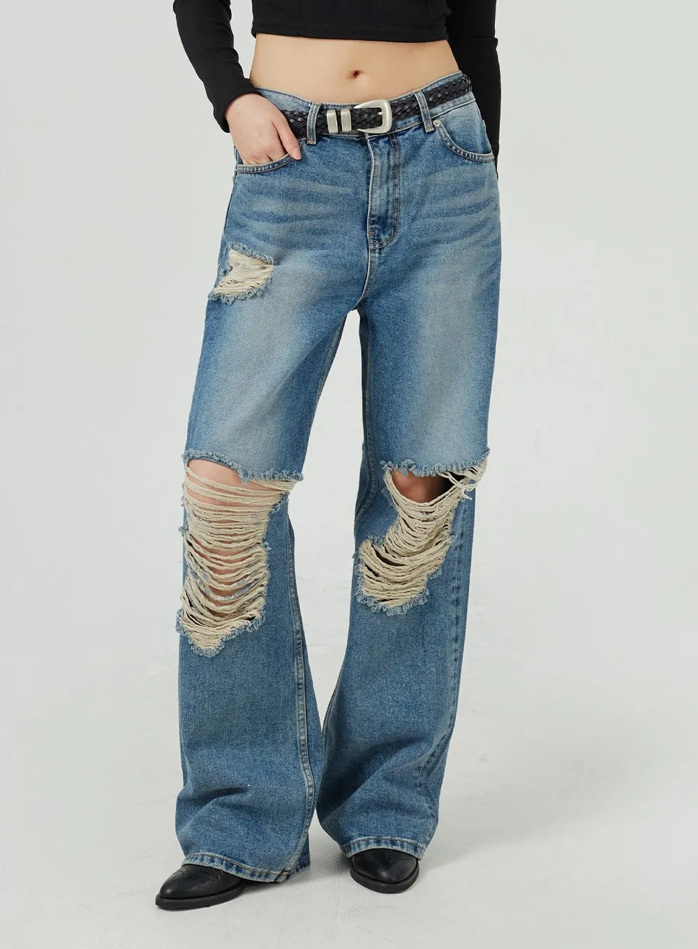 Ripped Wide Leg Jeans CM317 sold by Lewkin product image thumbnail 5
