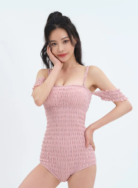 Off the Shoulder Shirring Detail One Piece Swimsuit sold by Lewkin