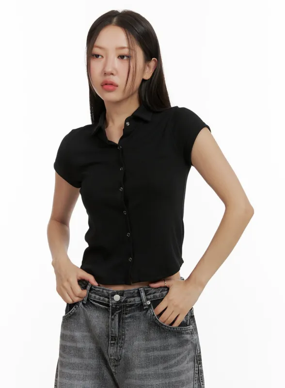 Buttoned Collar Crop Tee CU405 sold by Lewkin