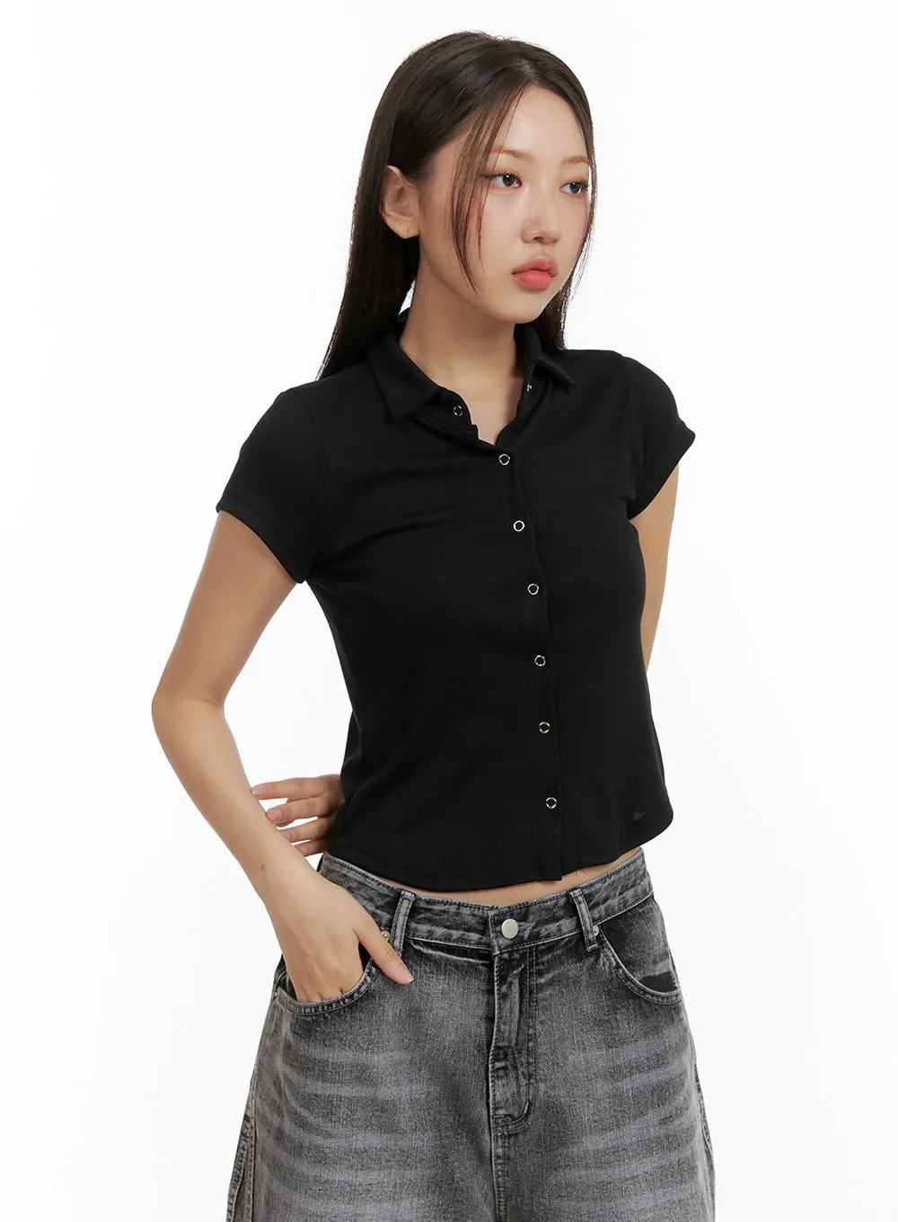 Buttoned Collar Crop Tee CU405 sold by Lewkin product image thumbnail 4