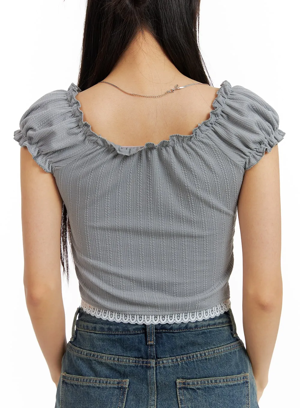 Short Puff Sleeve Lace Crop Top CF427 sold by Lewkin product image thumbnail 5