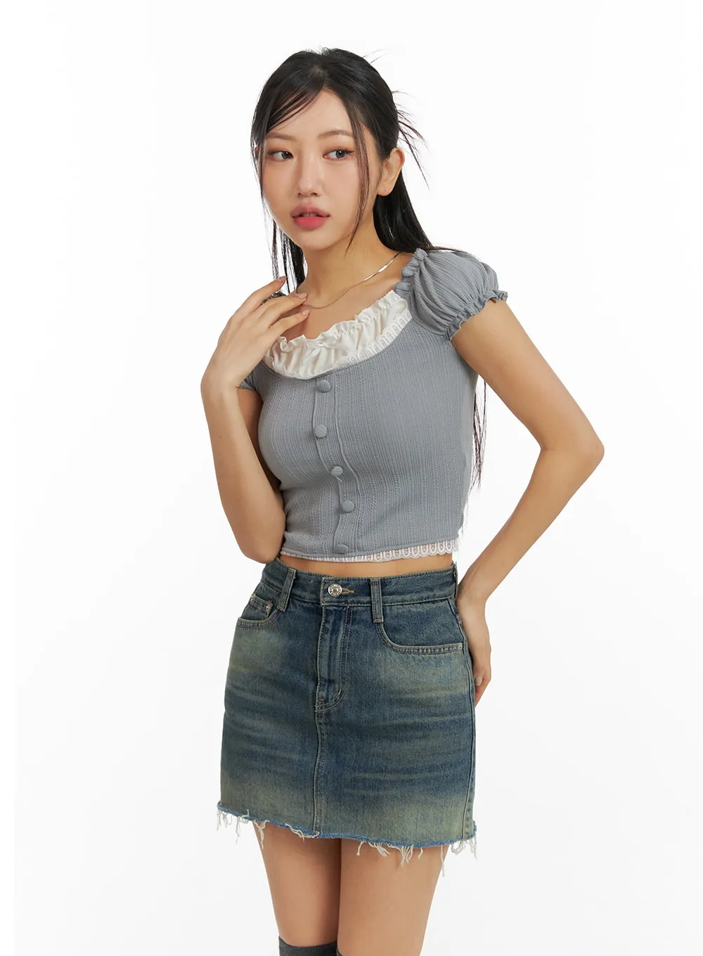 Short Puff Sleeve Lace Crop Top CF427 sold by Lewkin product image thumbnail 2