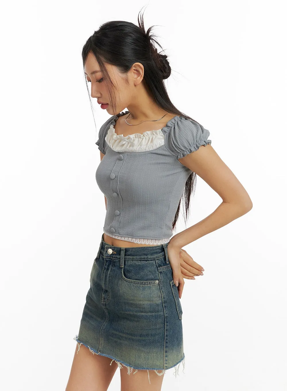 Short Puff Sleeve Lace Crop Top CF427 sold by Lewkin product image thumbnail 4