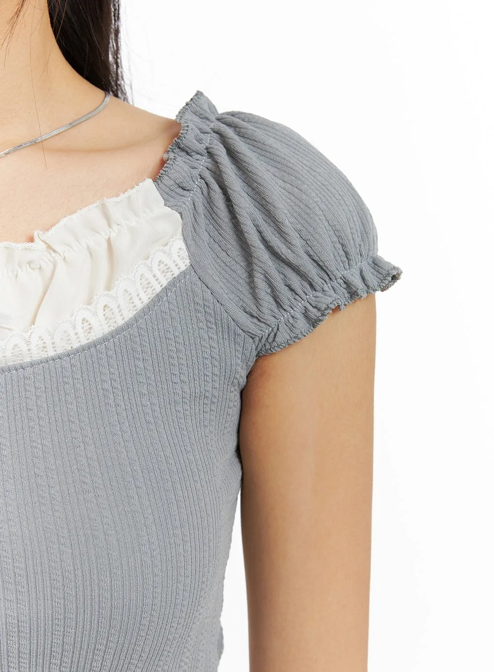 Short Puff Sleeve Lace Crop Top CF427 sold by Lewkin product image thumbnail 3