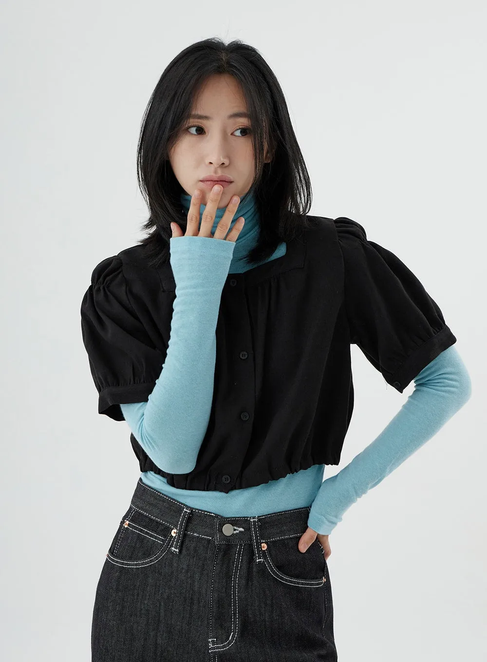 Square Neck Short Puffy Sleeve Crop Blouse ON01 sold by Lewkin product image thumbnail 4