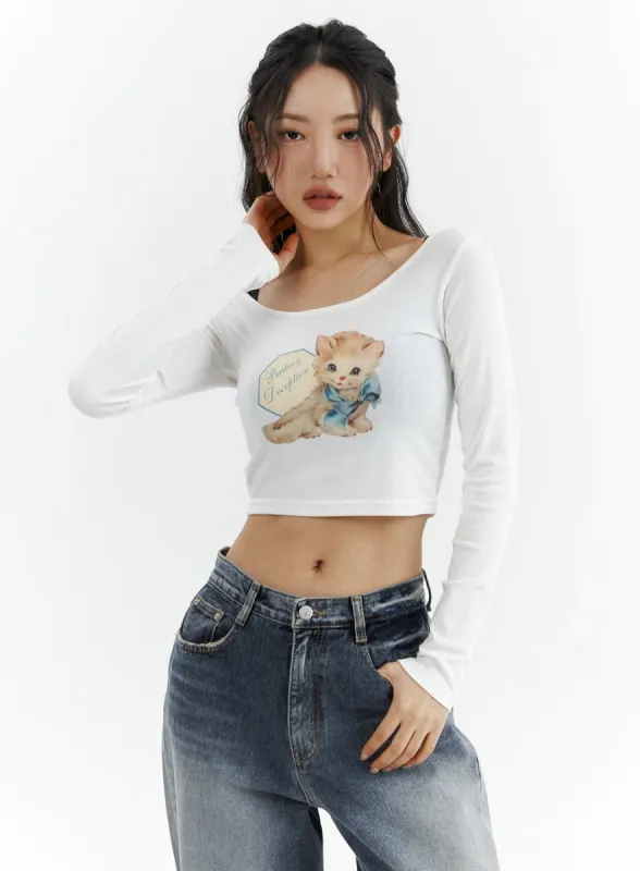 Cat Print Long Sleeve Tee CJ425 sold by Lewkin