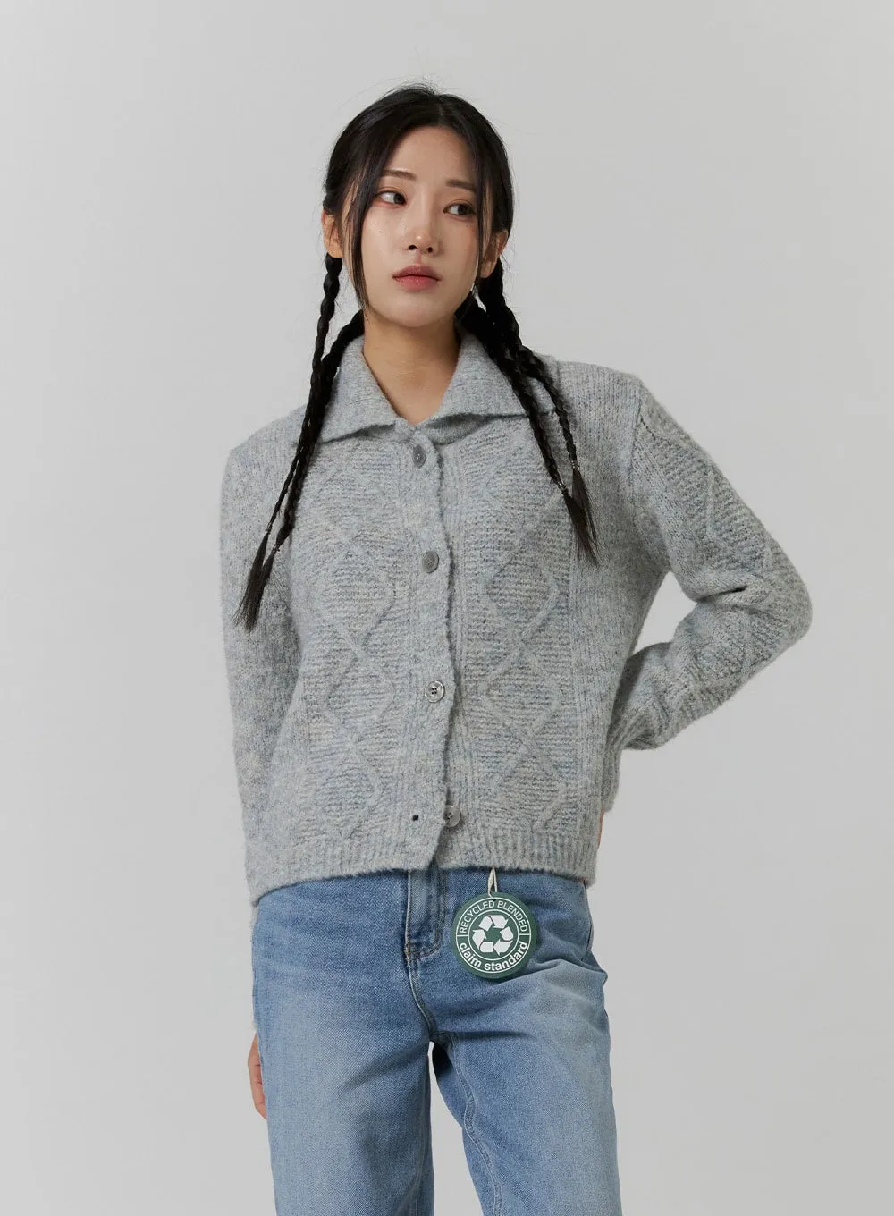 Recycled Polyester Collared Cable Knit Cardigan CD314 sold by Lewkin product image thumbnail 5