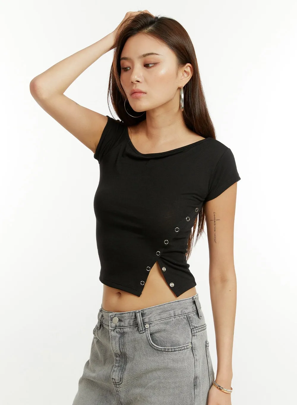Asymmetrical Buttoned Crop Top CU424 sold by Lewkin