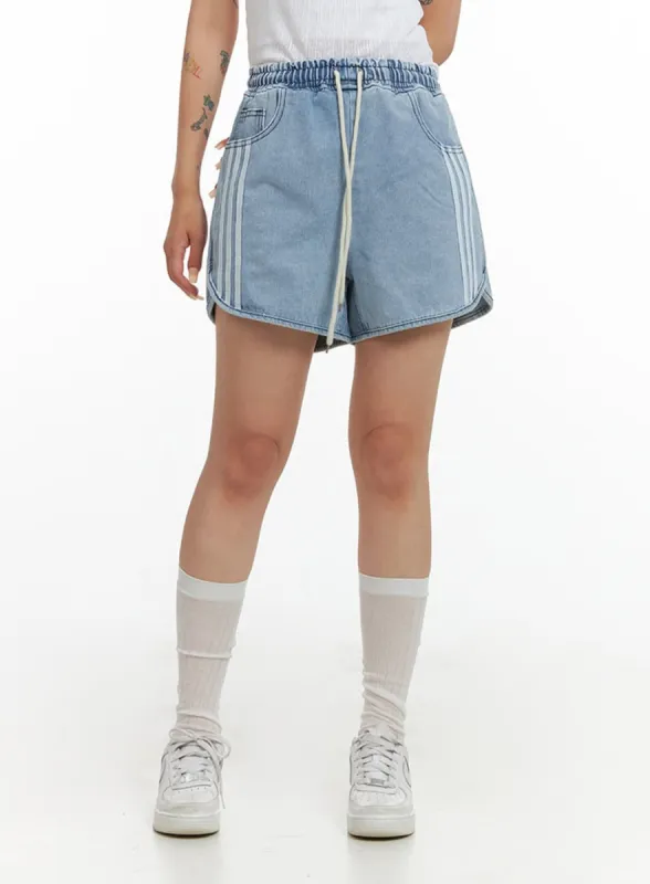 String Waist Stripe Denim Shorts CL415 sold by Lewkin