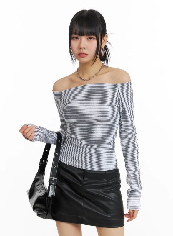 Thin Striped Off Shoulder Long Sleeve Top IM414 sold by Lewkin