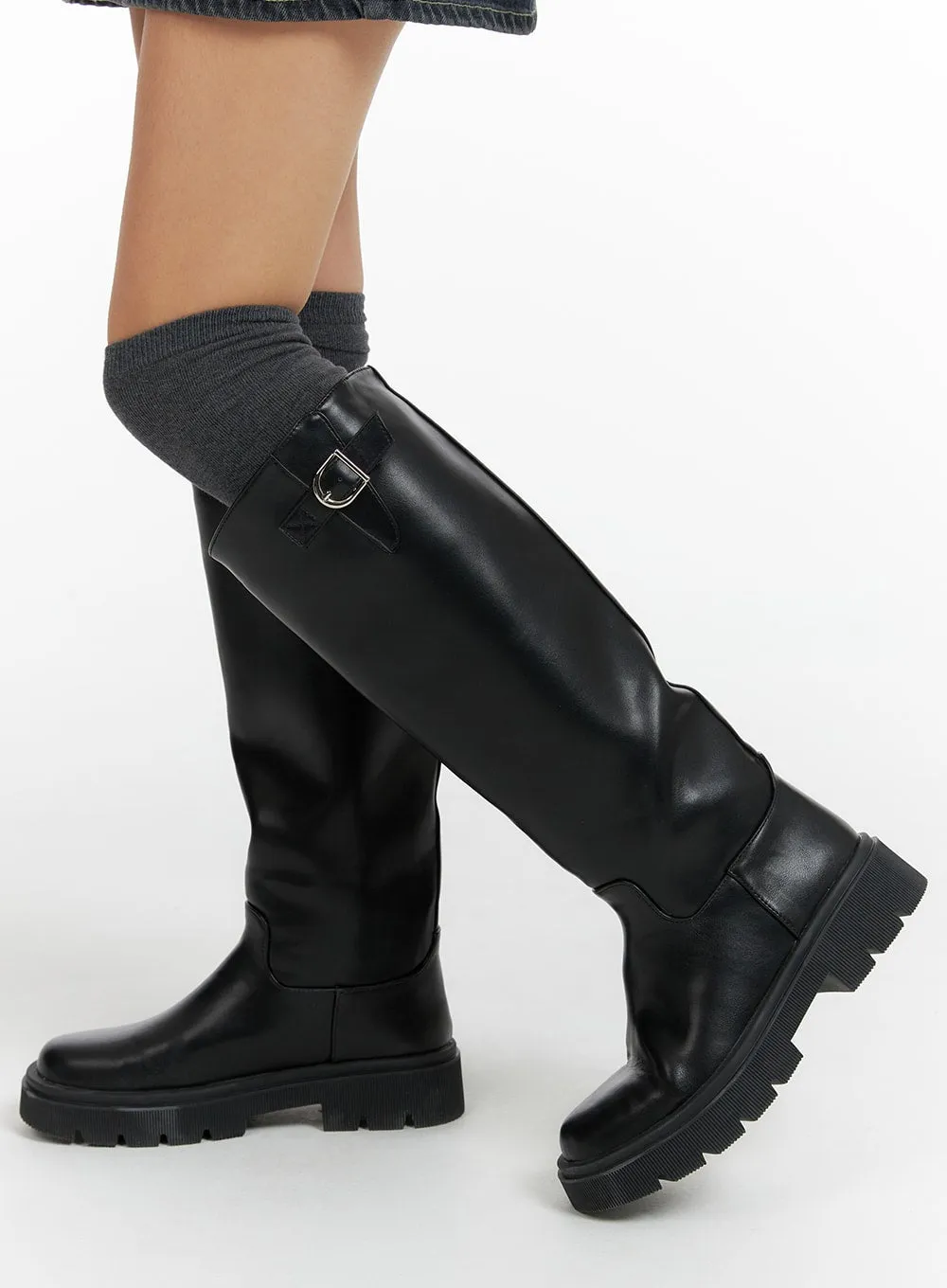 Basic Faux Leather Buckle Knee-High Boots CF416 sold by Lewkin