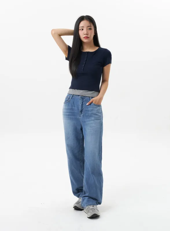 Mid-Wash Baggy Jeans OU323 sold by Lewkin