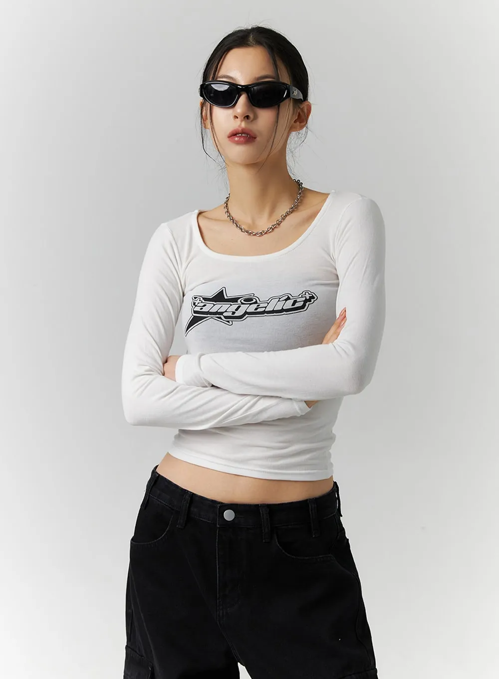 Square Neck Graphic Crop Tee ID306 sold by Lewkin