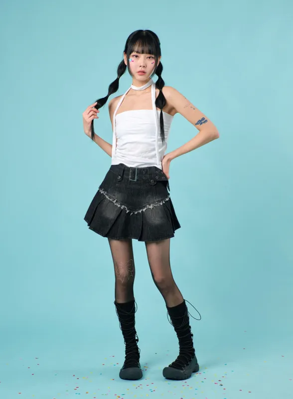 Belted Pleated Denim Skirt IJ430 sold by Lewkin