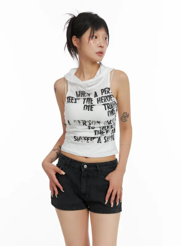 Hooded Lettering Sleeveless Crop Top CL415 sold by Lewkin