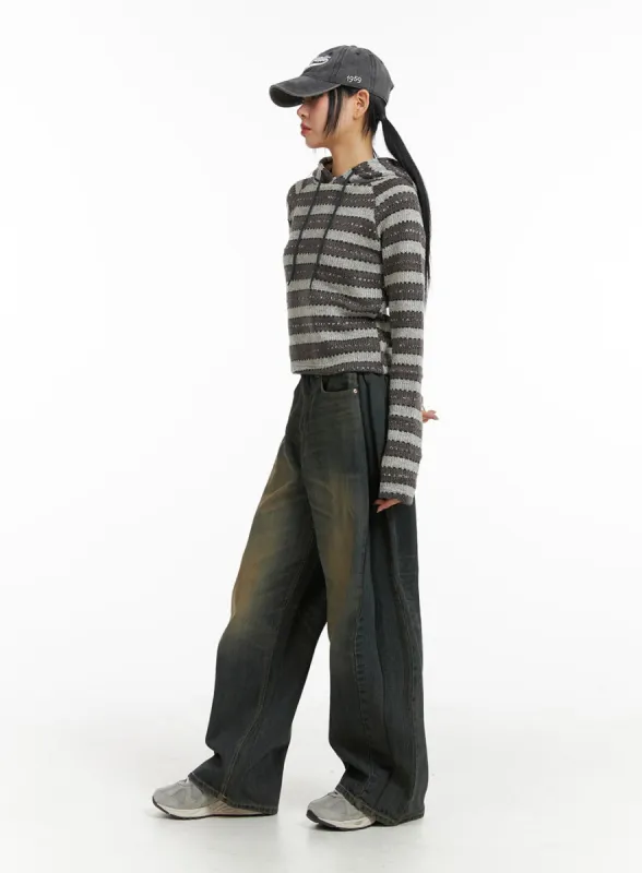 Mid Waist Washed Button Wide Leg Jeans CJ411 sold by Lewkin
