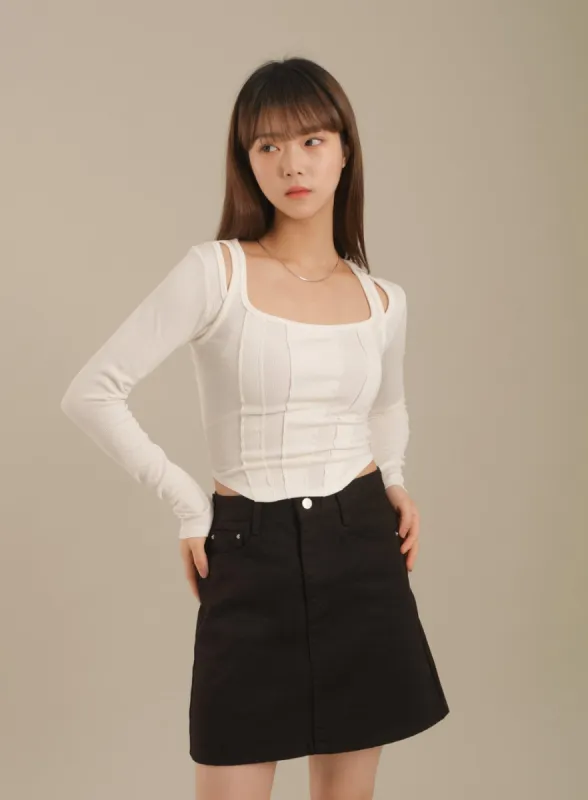Shoulder Cut Off Crop Long Sleeve Top sold by Lewkin