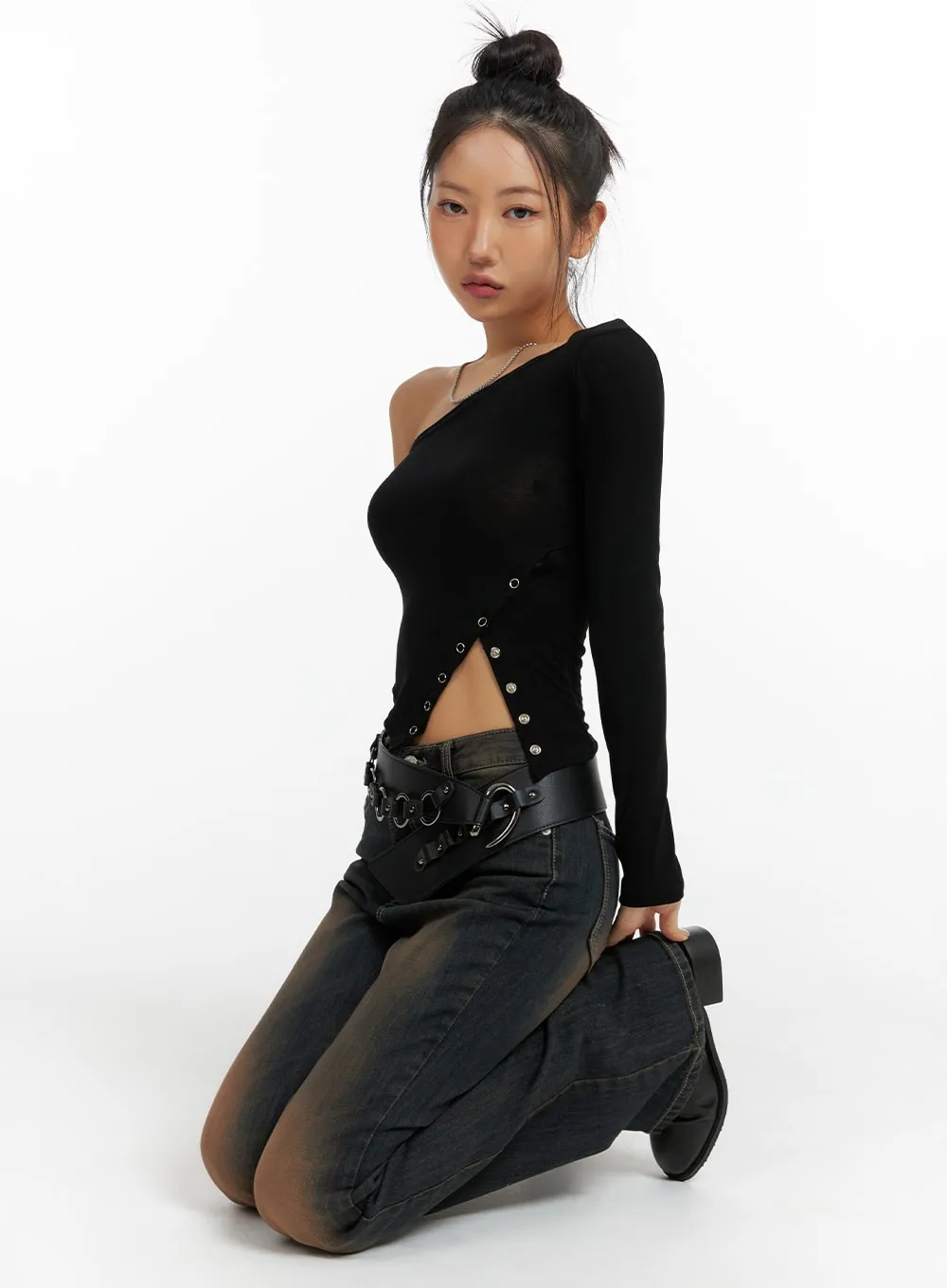 Asymmetrical One-Shoulder Side Cut Long Sleeve CF416 sold by Lewkin